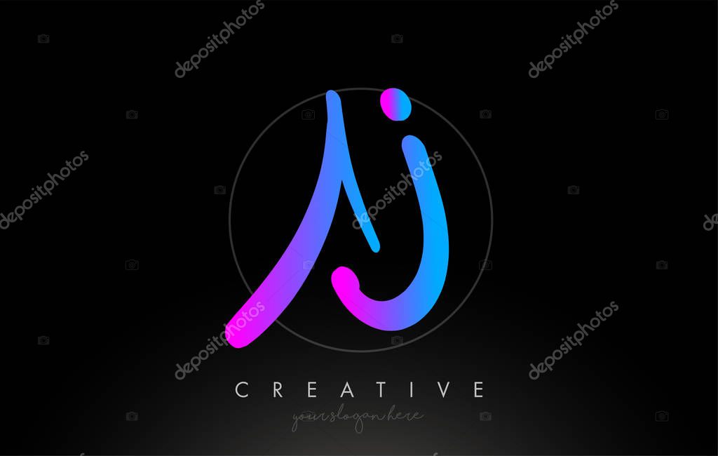 AJ Artistic Brush Letter Logo Handwritten in Purple Blue Colors Vector Illustration.