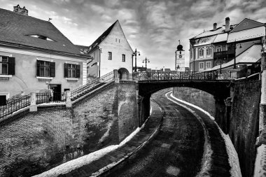 Sibiu Romanya Transilvanya Yalancı Köprü Siyah-Beyaz Fotoğrafçılık