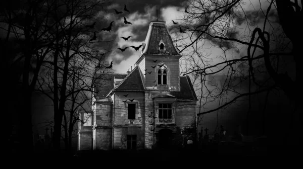 Дом с привидениями Черно-белая фотография — стоковое фото