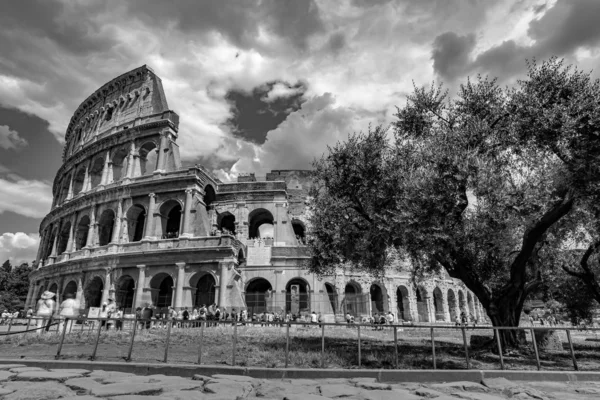 Roma 'daki Kolezyumu Ziyaret Eden Turistler İtalya Siyah-Beyaz Fotoğrafçılık — Stok fotoğraf