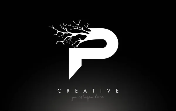 Lettre P Logo de conception avec la branche de l'arbre créatif. P Arbre de lettre Ic — Image vectorielle