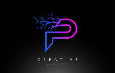 Mor Mavi Ağaç dallı P Ağaç Harfi Tasarım Logosu. P Harf Ağacı Simgesi Logo Vektörü İllüstrasyonu