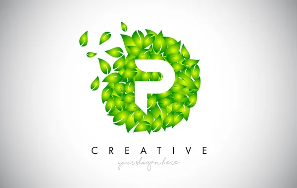 P Green Leaf Logo Design Eco Logo With Multiple Leafs Blowing in — Stock Vector