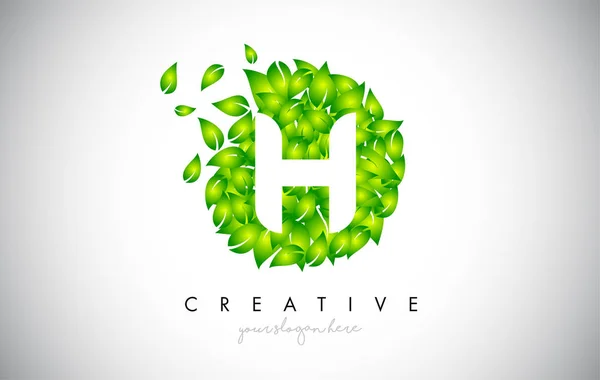 H Green Leaf Logo Design Eco Logo With Multiple Leafs Blowing in — Stock Vector