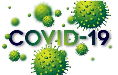 COVID 19 Coronavirus Disease Pandemic Banner with Multiple Green Viruses. clipart