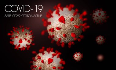 Coronavirus COVID 193 boyutlu Kızıl Protein Sivri uçlu ve Karanlık Arkaplan. Sars COV2 Coronavirüs Hastalığı. 