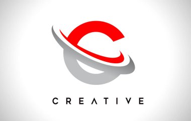 C harfi logosu. Kırmızı Gri Çizgili C Harfi Tasarım Vektörü.
