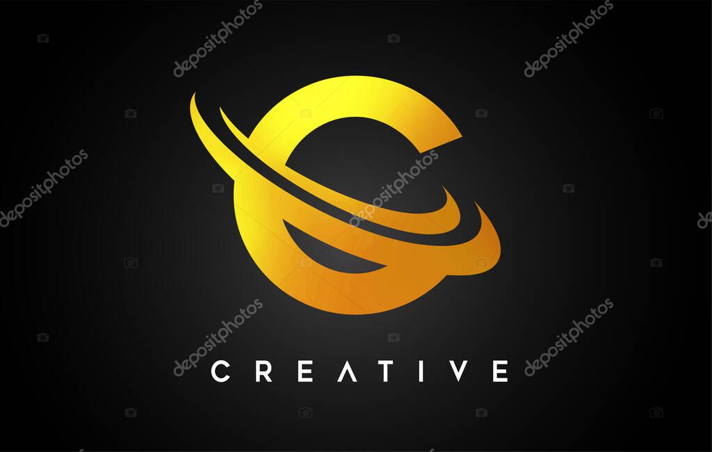 Golden Letter C Logo. C Letter Design Vector with Golden Gray Swash Vector Illustration.