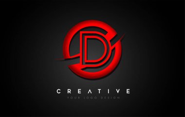 Kırmızı Çember Swoosh Tasarımlı D harfi. Yaratıcı Büyük Harf Tasarım Vektörü İllüstrasyonu.