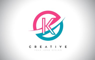 K Harfi Tasarım logo simgesi daire ve swoosh tasarım Vektörü ve mavi pembe renk.