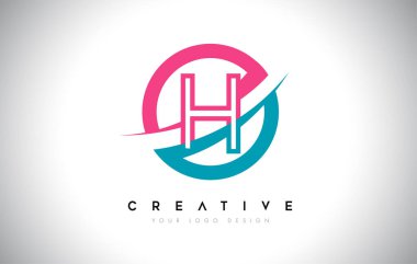 H Harfi Tasarım logo simgesi daire ve swoosh tasarım Vektörü ve mavi pembe renk.