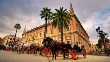 Seville, İspanya - 10 Şubat 2020: Atlar ve Arabalar Güzel Sevilla İspanya Şehir Merkezi 'nde turistleri bekliyor