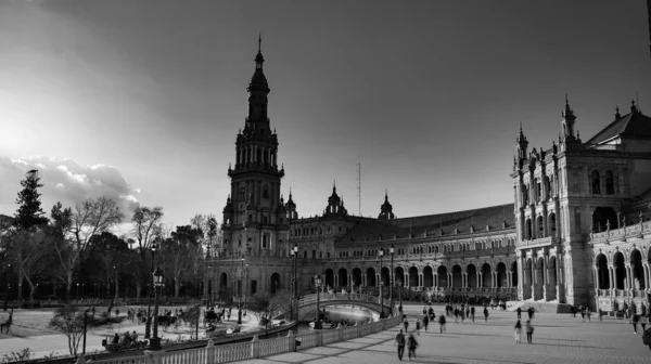 Sevilha Espanha Fevereiro 2020 Fotografia Preto Branco Praça Espanha Com — Fotografia de Stock