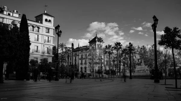 Sevilla Španělsko Února 2020 Černobílá Fotografie Architektury Hlavní Třídě Krásné — Stock fotografie