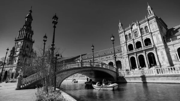 Sevilla España Febrero 2020 Fotografía Blanco Negro Plaza España Puente — Foto de Stock