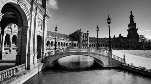 Sevilla España Febrero 2020 Fotografía Blanco Negro Plaza España Puente — Foto de Stock