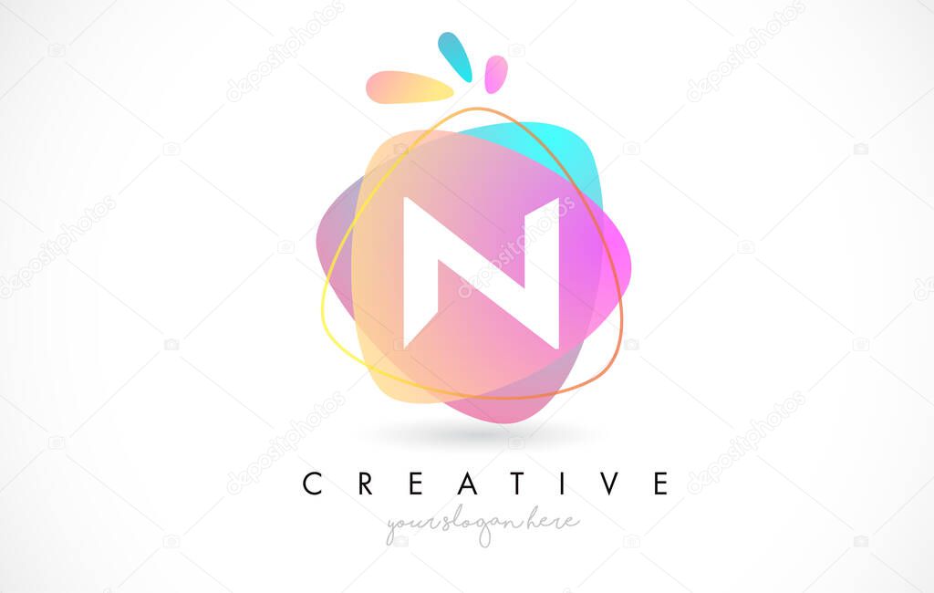 N Letter Logo Design with Vibrant Colorful Splash rounded shapes. Pink and Blue Orange abstract Design Letter Icon Vector Illustration.