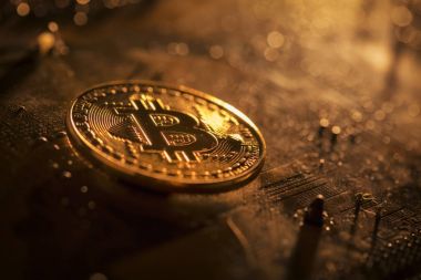 Bitcoin altın belirteci bir anakart bilgisayar arayüzü üzerinde yalan 