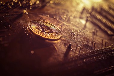 Bitcoin altın belirteci bir anakart bilgisayar arayüzü üzerinde yalan 
