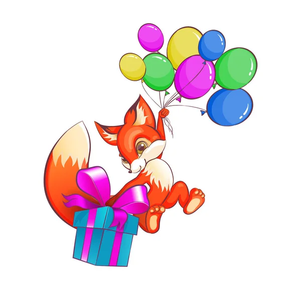 Divertido zorro volando en globos da una caja con regalos — Archivo Imágenes Vectoriales