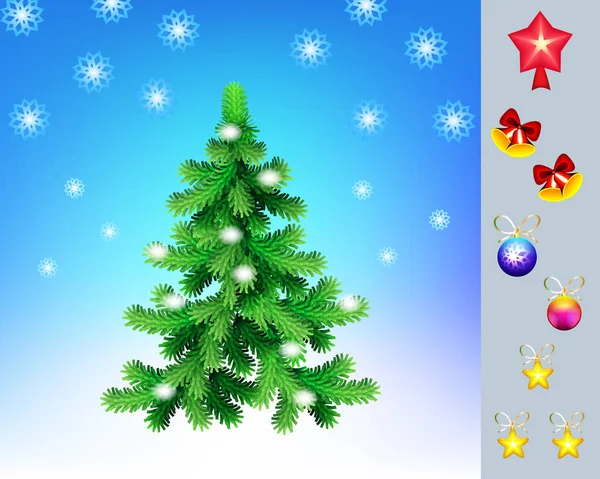 Árbol de Navidad con un conjunto de juguetes para la decoración, tarjeta de felicitación vector.New Año — Archivo Imágenes Vectoriales