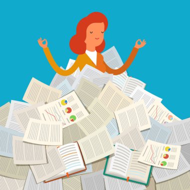 Öğrenci ders kitapları yığını altında gömülü 