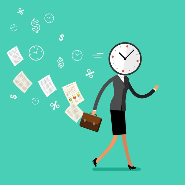 Running businesswoman with clock instead of  head — Stock Vector