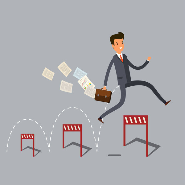 Businessman jumping over hurdles