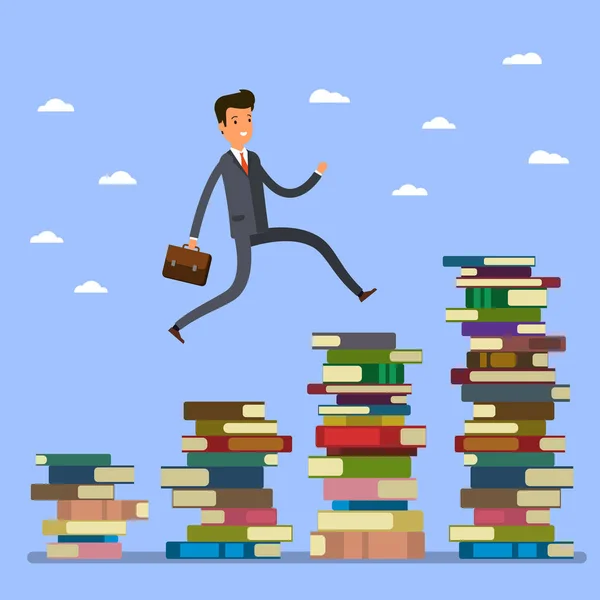 Homem de negócios dos desenhos animados saltando sobre livros — Vetor de Stock