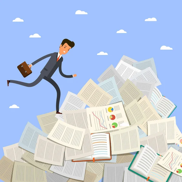 Businessman running on mountain of documents — Stock Vector
