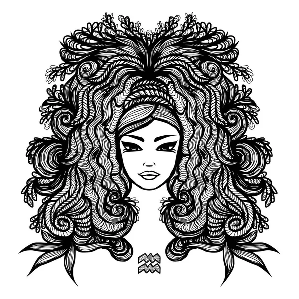 Signo de acuario con retrato de mujer — Vector de stock