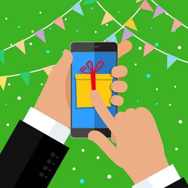 Smartphone à main avec boîte cadeau — Image vectorielle