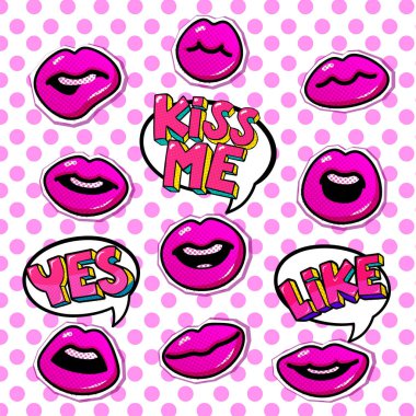Set of pop art icons with lips. clipart
