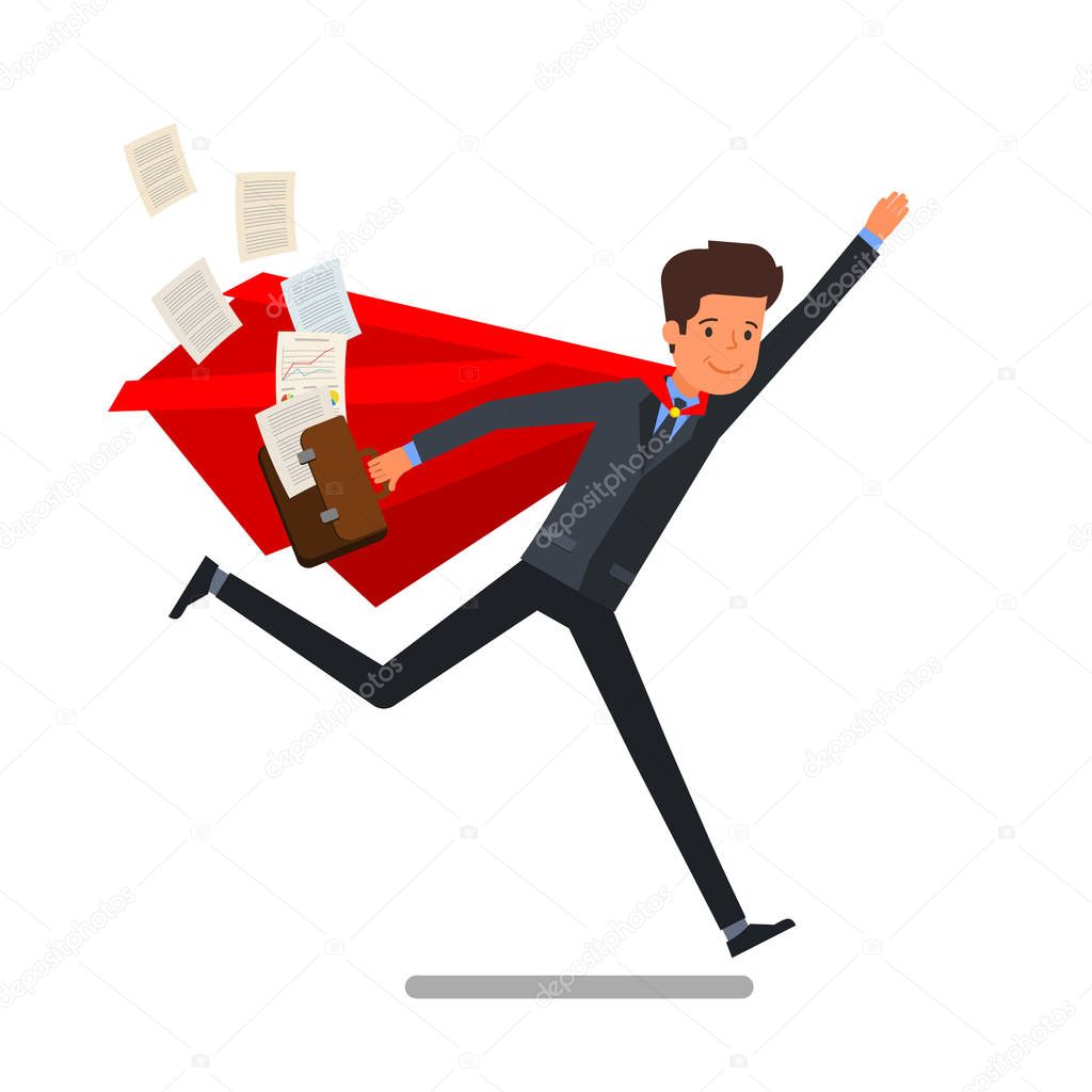 Businessman in red cloak running 
