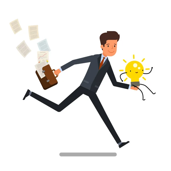 Business man running with light bulb — Stock Vector