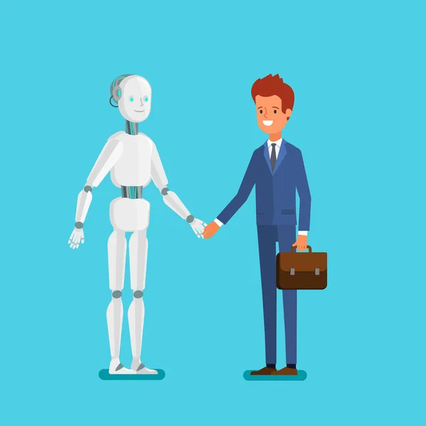 Homme d'affaires debout avec robot — Image vectorielle