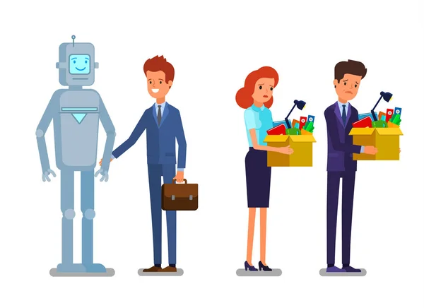 Επαγγελματίες άνθρωποι στέκονται με ρομπότ — Διανυσματικό Αρχείο