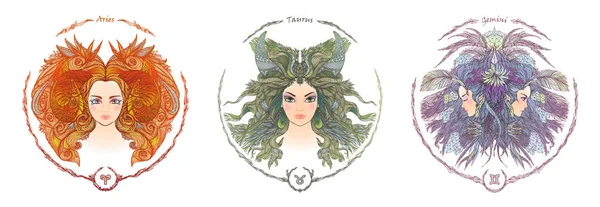 Signo del zodíaco. Retrato de una mujer. Aries, Tauro, Géminis — Archivo Imágenes Vectoriales