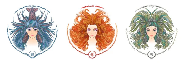 Signo del zodíaco. Retrato de una mujer. Cáncer, Leo, Virgo — Vector de stock