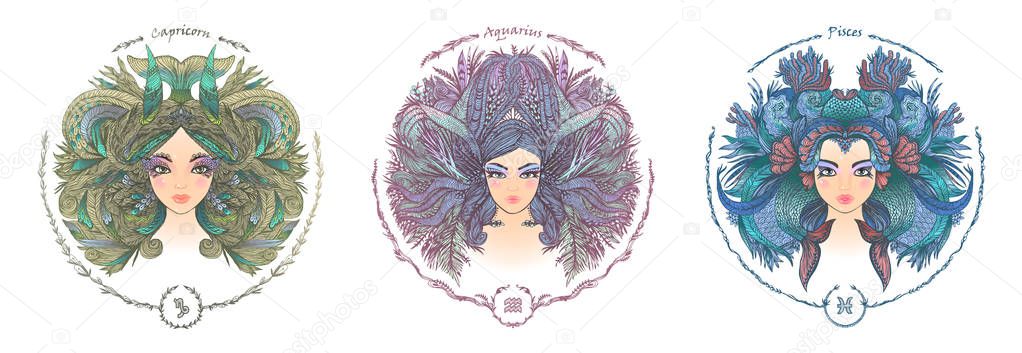 Zodiac sign. Portrait of a woman. Capricorn, Aquarius, Pisces