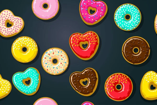 Conjunto Colorido Com Diferentes Donuts Envidraçados Fundo Escuro — Vetor de Stock