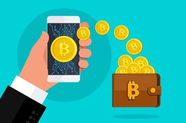Erkek el smartphone el bitcoin ekranda sembolü ile tutarak..
