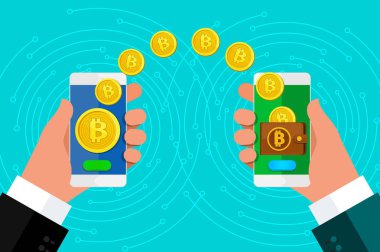 Erkek elinde tutan farklı akıllı telefonlar ile bitcoin aktarımı eller.. 
