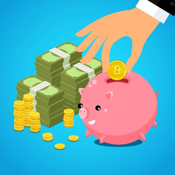 Male Hand Putting Bitcoin Saving Piggy Bank — Stock Vector