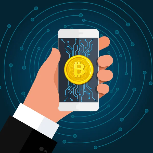 Mannenhand Smartphone Hand Houden Met Symbool Van Bitcoin Scherm — Stockvector