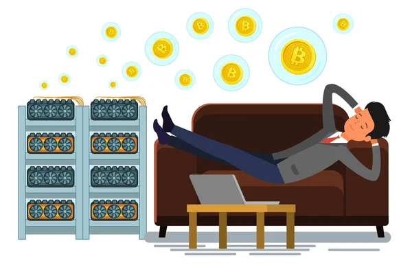 Homem Deitado Sofá Enquanto Mineração Bitcoin — Vetor de Stock