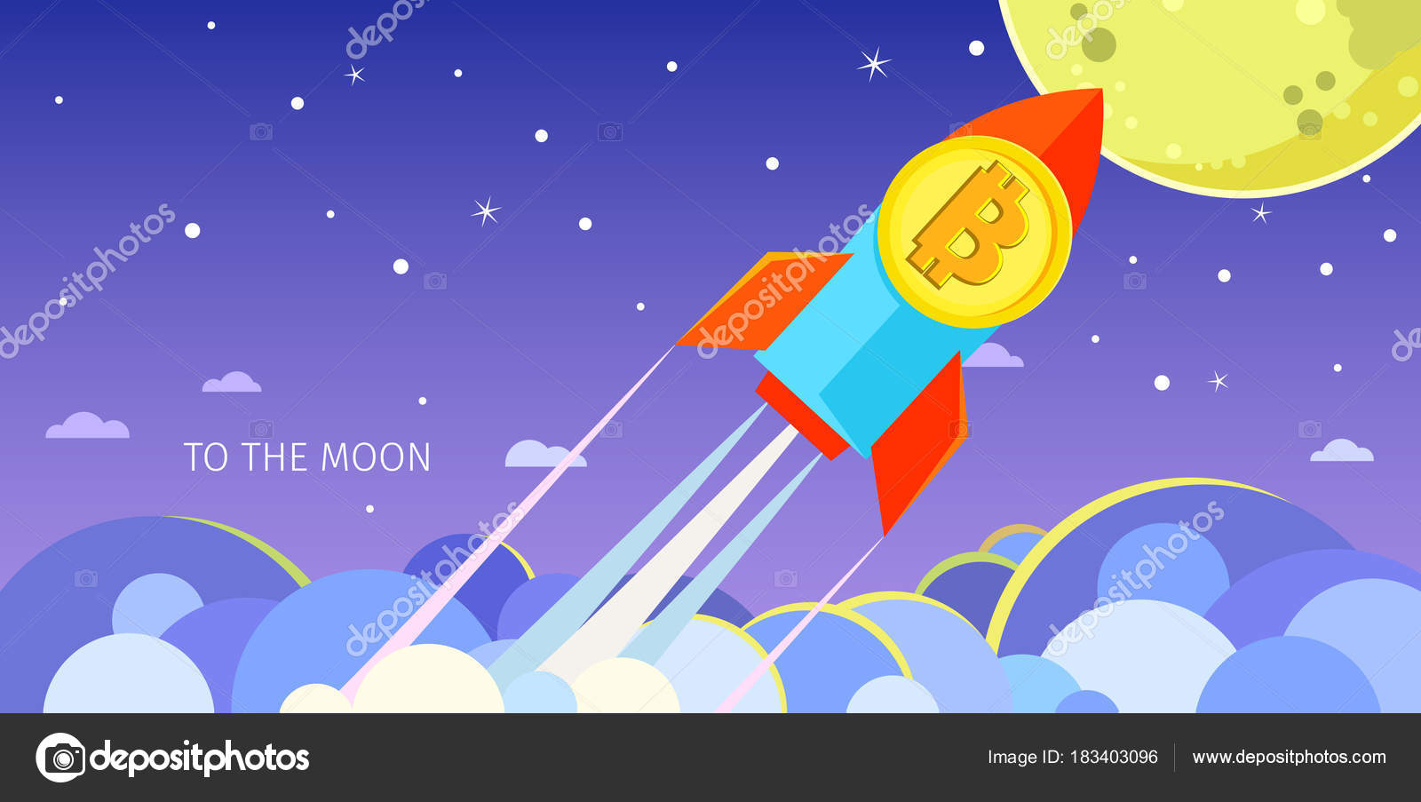 暗号通貨の概念 Bitcoin アイコンで月面に飛ぶロケット 暗号通貨の誇大宣伝のベクトル図 ストックベクター ©VectorStory  183403096