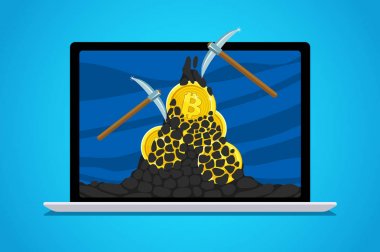 Cryptocurrency kavramı. Bitcoins ve kazanç cryptocurrency bulmak için madencilik. Bitcoin dizüstü bilgisayar ekranında. Düz tasarım, vektör çizim.