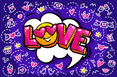 Kabarcık kelime aşk. Mesaj pop sanat çizgi roman tarzı elle çizilmiş kalpleri ve sembollerle aşk mavi zemin üzerine.