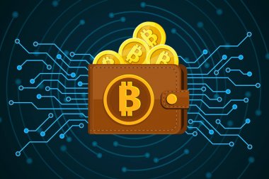 Kripto para birimi kavramı. Kahverengi bitcoin m-cüzdan sikkeleri üzerinde koyu mavi arka plan ile. Düz tasarım, vektör çizim.
